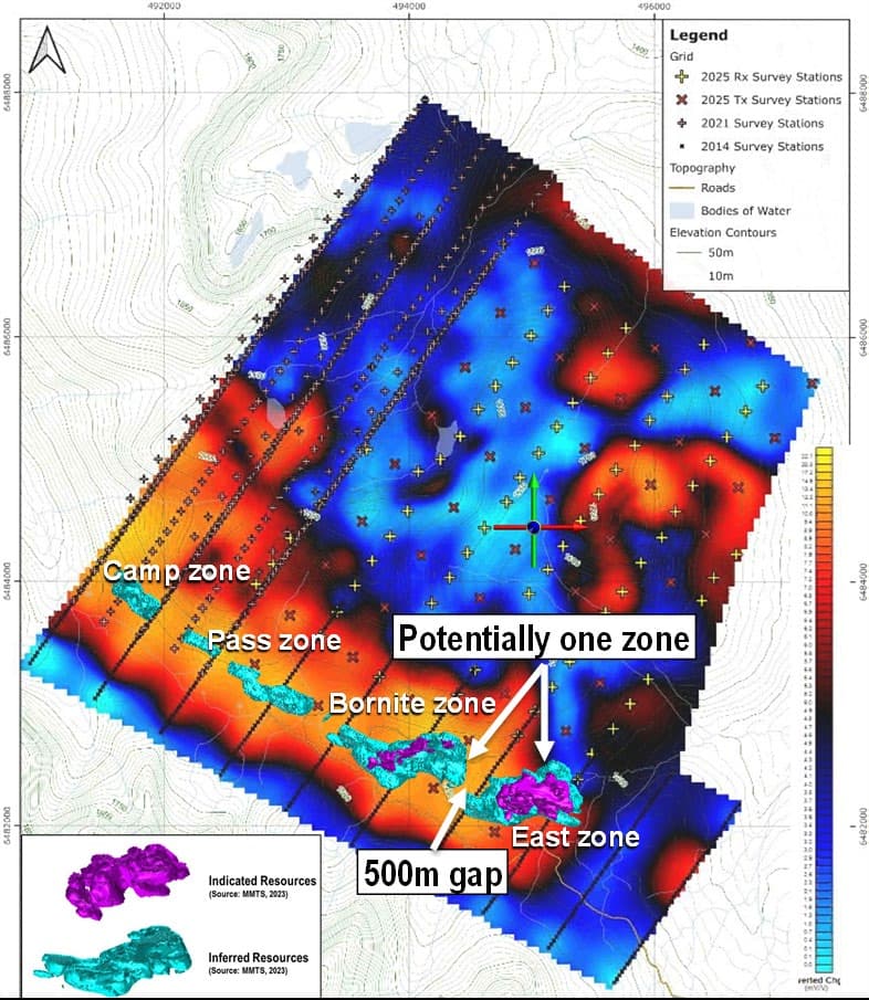 Merged chargeability survey over the Eaglehead resource zones
