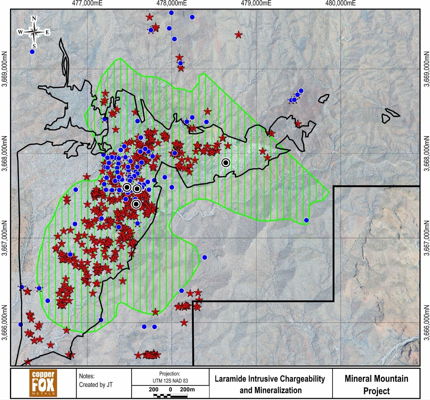 Laramide intrusive chargeability and mineralization map of the Mineral Mountain project