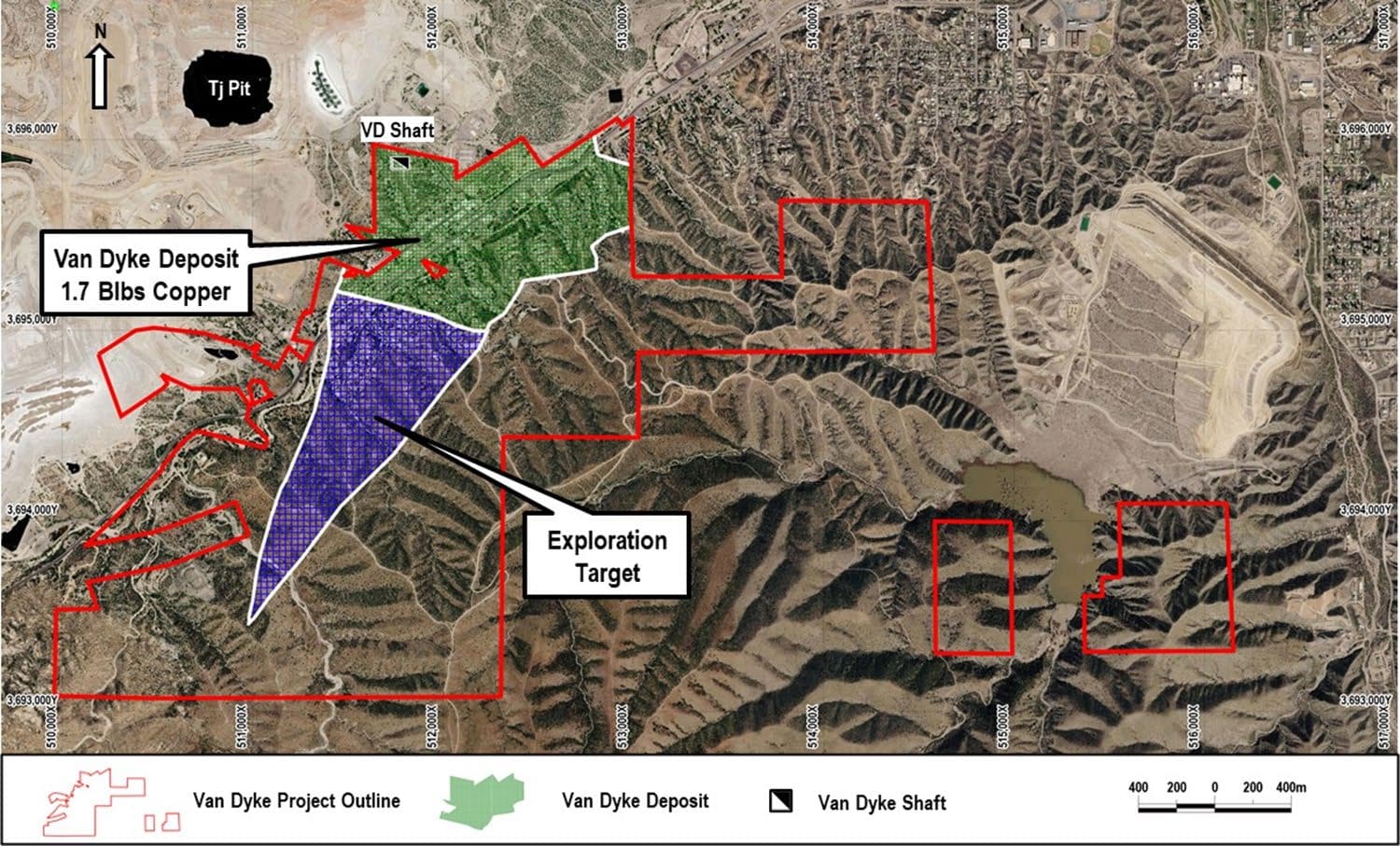 Aerial map of the Van Dyke project showing the deposit outline and exploration target
